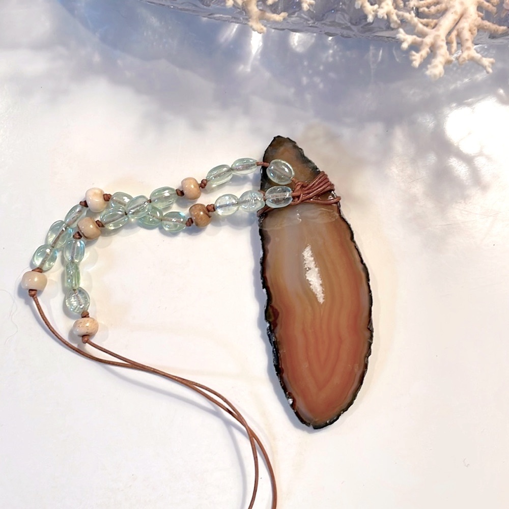 Amber Agate Slice Handmade Beaded Necklace